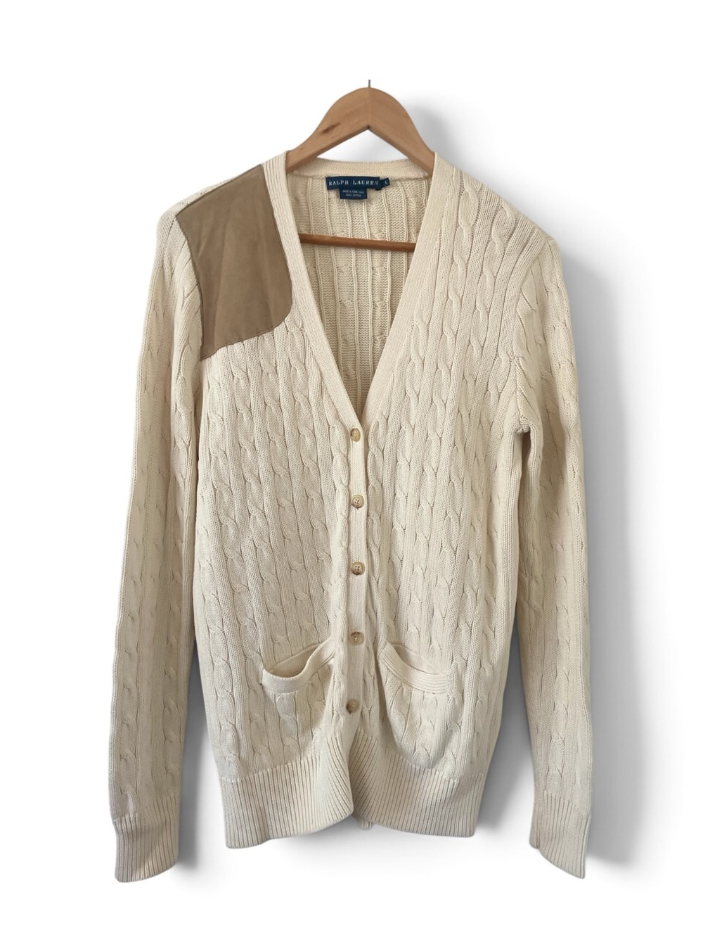 Ralph Lauren Cream Cable Cotton Knit Cardigan with Tan Shoulder Patch Sz Large